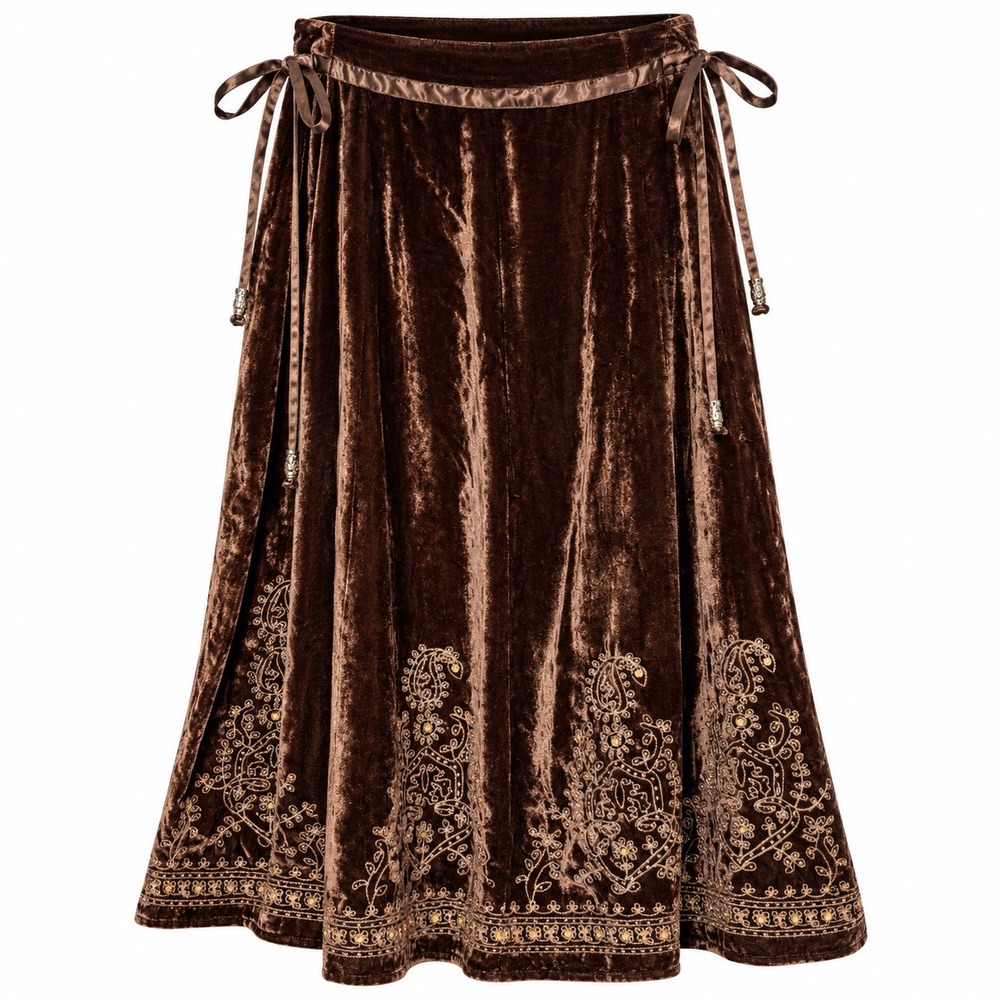 Carole Little Whimsigoth Embroidered Velvet Midi Skirt Women Size 8 Earthy Boho